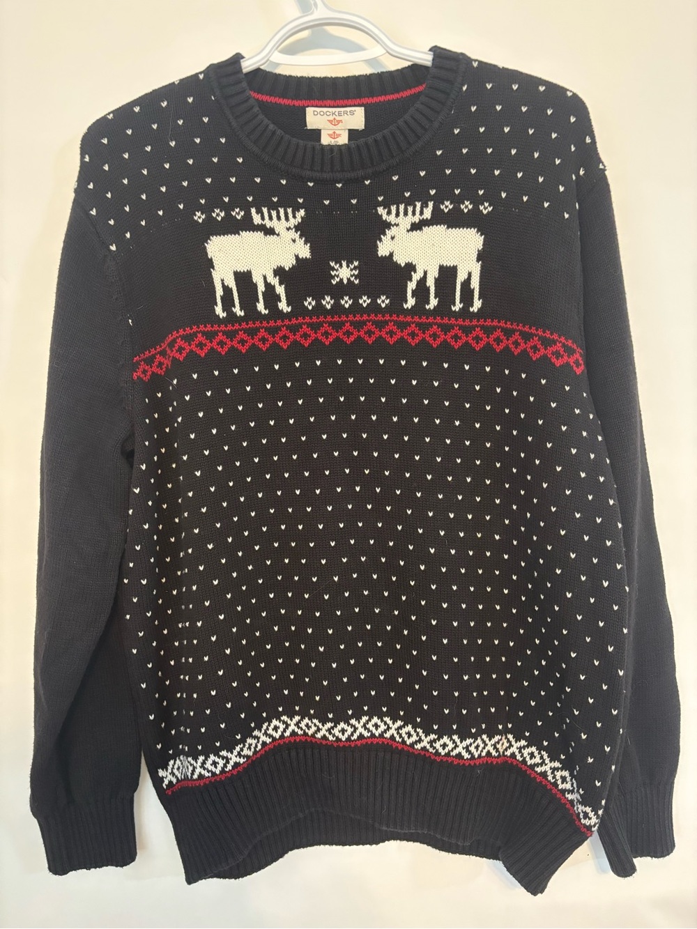 Dockers Navy Crewneck Sweater with White Reindeer and Red Accents